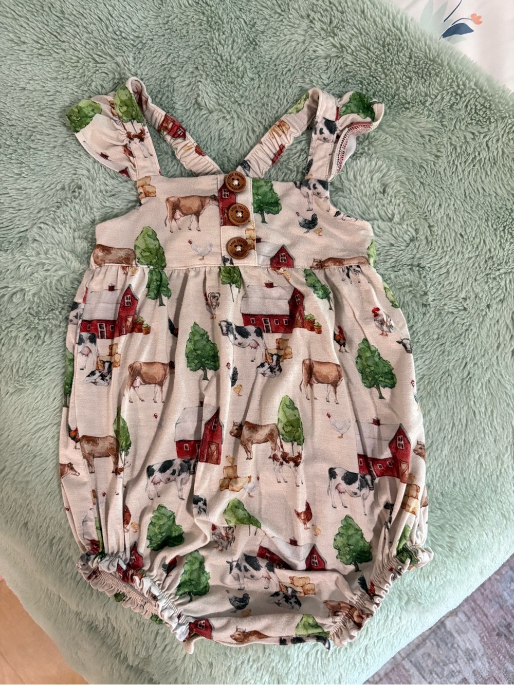 Posh Peanut Farm Animal Print Romper in Cream, Green & Red